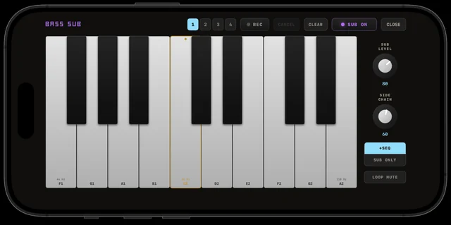 The BASS SUB keyboard — two octaves with the frequency under each key