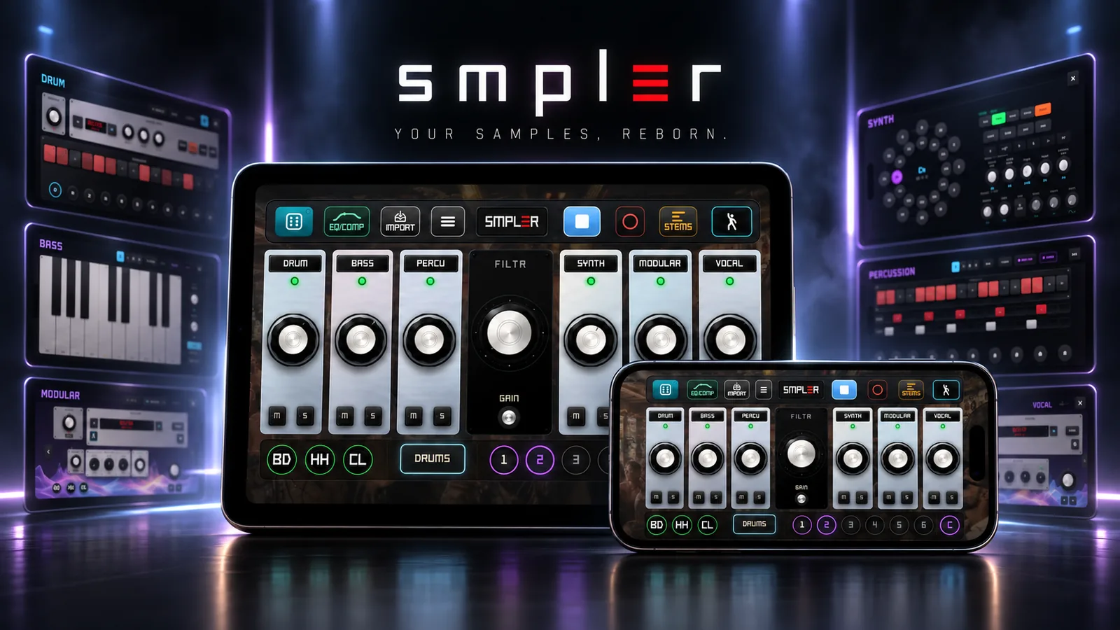 The SMPLER mixer on iPad and iPhone, surrounded by its instrument pages — drum sequencer, bass keyboard, modular, synth chords, percussion and vocal