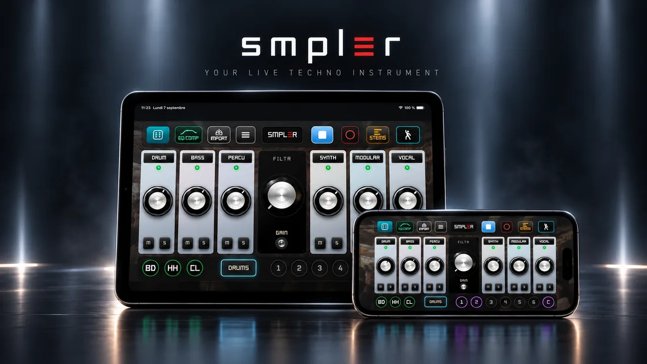 SMPLER on iPad and iPhone — the same mixer, seven channels around the master filter, on both screens