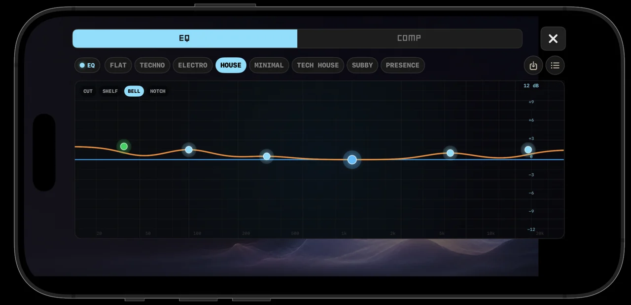 The master EQ — seven bands over a twelve-decibel grid