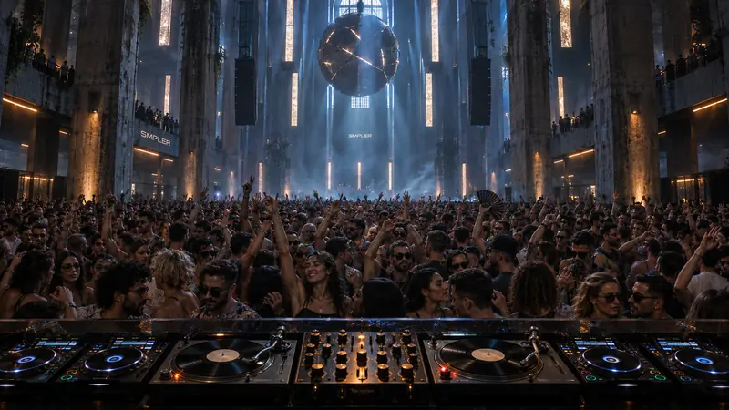 A packed warehouse floor seen from behind the decks, blue beams and a mirror ball overhead