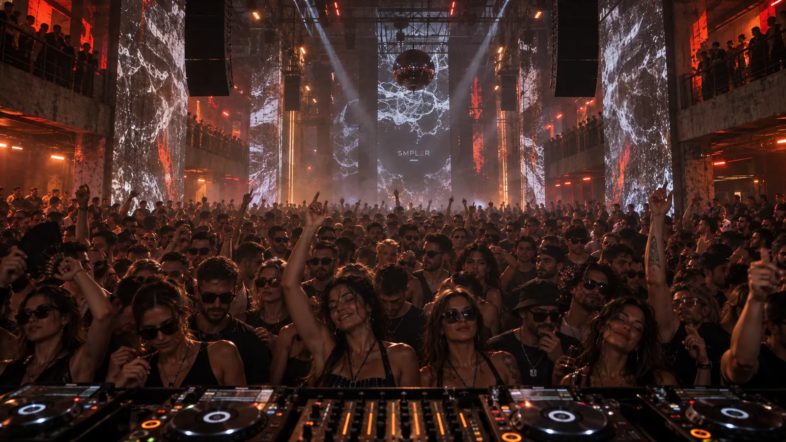 A packed club floor from behind the SMPLER booth — red light, LED walls and the room going off