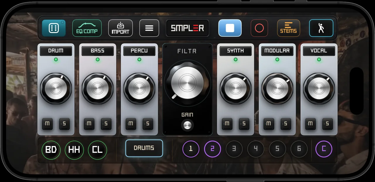 The SMPLER mixer — seven channels around the master filter